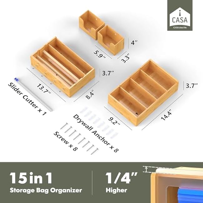 Storage Bag Organizer Plastic Wrap Dispenser with Cutter - 15 in 1 Bamboo Foil and Plastic Wrap Organizer with 4 Hooks, Wall-Mounted Food Bag Storage Container for Gallon, Quart Bags & 12 Rolls