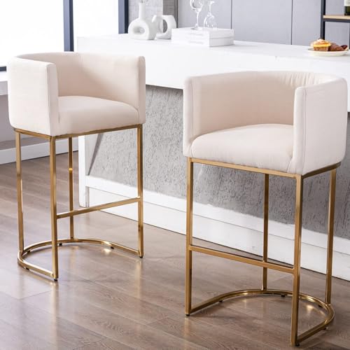 Image of HNY Modern Bar Height Linen Fabric Upholstered Counter Stool Set of 2, 32 Inch Cream Barstools with Gold Metal Frame