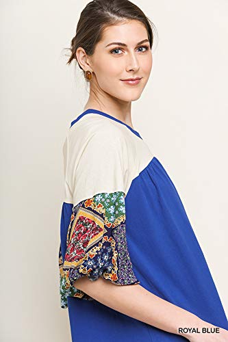 Umgee Women's Scarf Print Colorblock Puff Sleeve Top (Small, Royal Blue) #TOP1