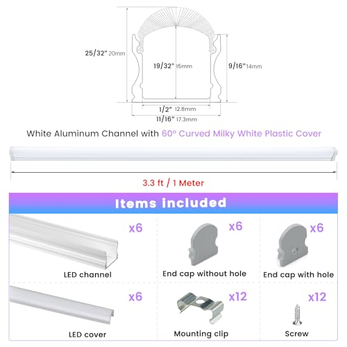 Image of Muzata 6Pack 3.3FT /1M Excellent Spotless LED Channel LED Strip Diffuser Channel with Thicker Milky White Cover No Hot Spots White Deeper U108 HW 1M