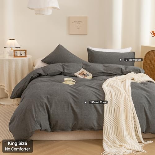 Image of ECOCOTT Grey Duvet Cover King Size, 100% Washed Cotton 1 Duvet Cover with Zipper and 2 Pillowcases, Ultra Soft and Easy Care Breathable Cozy Simple Style Bedding Set (Dark Grey)