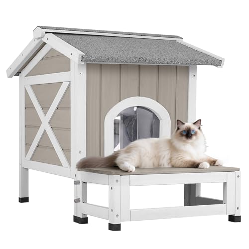 PetsCosset Outdoor Cat House Weatherproof, Two Story Feral Cats Shelter for Outside, Indoor Cat Condo with 2 Escape Doors, Large Balcony GreyWhite Large Balcony