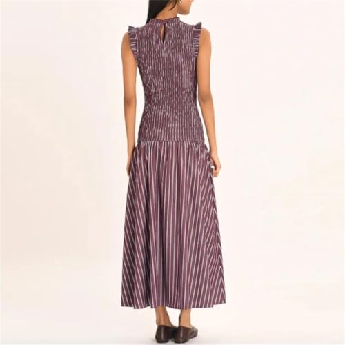 Woman Elegant Striped Print Slim Sleeveless Dress O Neck High Waist Spliced Casual Pleated A-Line Dress3