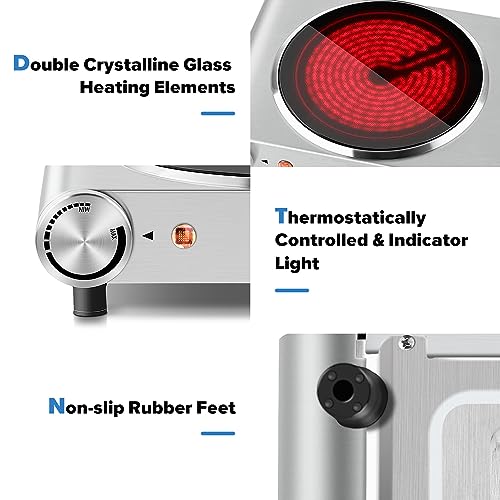 Double Hot Plate, CUSIMAX 2400W Electric Hob Ceramic Hot Plate, Portable Double Camping Hob Infrared Cooktop with Dual Temperature Control, Easy to Clean, Stainless Steel, Silver - Image 2