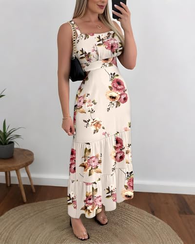 Image of CHICME Summer Dresses for Women 2026 Sleeveless Casual Boho Maxi Dress Square Neck Cut Out Floral A Line Dress