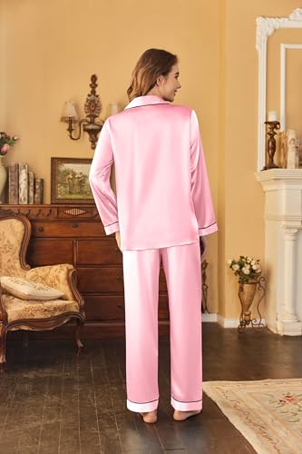Image of Ekouaer Women's Classic Button Down Long Satin Silk Pajama Set