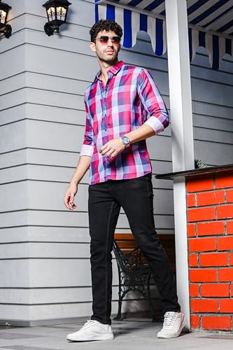 Image of IndoPrimo Men's Cotton Shirt with Spread Collar Neck Line Checks Printed Pattern Half Sleeves Regular Fit Western Style and Standard Length