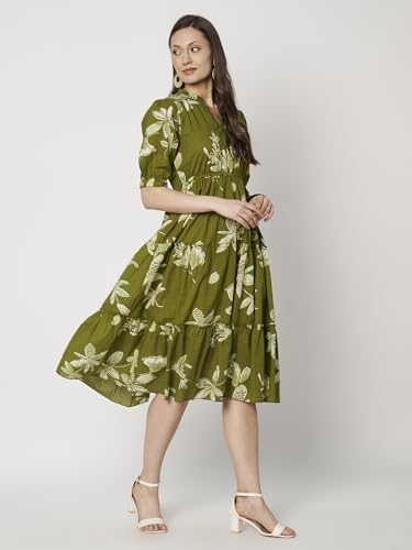 Image of PIDAVLIYA'S Women's Floral Summer Maxi Dress I Cotton Printed I One Piece Bodycon Midi Dress with V-Neck, Puffed Sleeves
