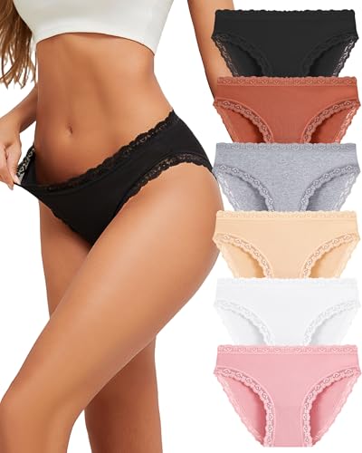 FINETOO Cotton Underwear for Women Sexy Cheeky Lace Bikini Panties Soft Breathable Womens Underwear 6 Pack