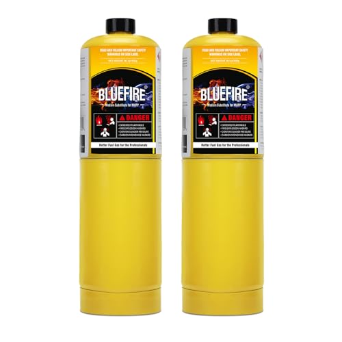 BLUEFIRE (2) 14.1 oz Modern MAPP Gas Cylinder 99.9% High Purity Propylene Equal to MAP-PRO Hotter than Small Propane Tank Torch Fuel Various Packages Available MAP GAS Cylinder Torch Kit Pack of 2