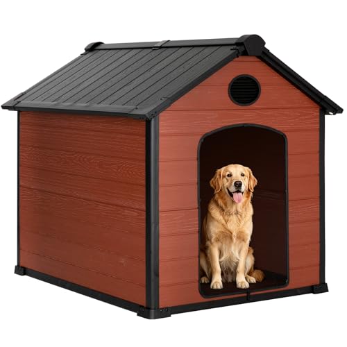 EHHLY 57' Extra Large Dog House Outdoor,Durable Resin DogHouses with 16mm Thick Durable Walls,14 Sq. ft Activity Space&Dual Air Vents,Suitable for Pets Up to 300lbs(57Lx47Wx50H, Brown)