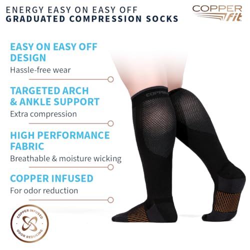Image of Copper Fit Energy Graduated Wide Calf Compression Socks for Men & Women - Easy On, Easy Off, For Circulation & Swelling Relief - Ideal for Travel, Nurses, Running, & Recovery