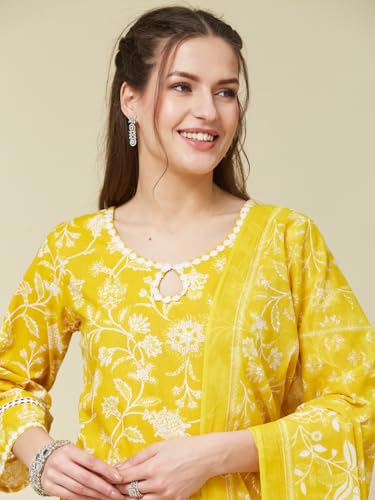 Image of MOKOSH Women's Cotton Botanical Print Embroidered Kurta Pant Dupatta Set (462-DM)