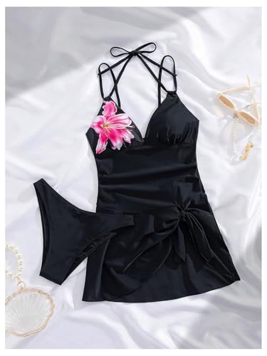 Women's 2 Piece Tankini Swimsuits Floral Bowknot Deep V Neck Bathing Suits with Thong4