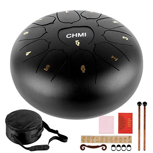 Steel Tongue Drum, 11 Notes 10 inches Percussion Instrument Handpan Drum with Bag, Music Book, Mallets, Finger Picks, Drum Mallets Holder (10 Inch Black)