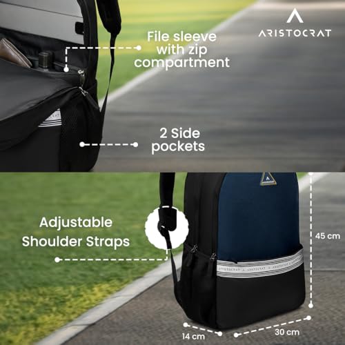 Image of Aristocrat Blake 18L Laptop Backpack, 2 Spacious Compartments, Office & Casual Bag with Quick-Access Pocket, Side Pockets & Reverse Zipper, For Men & Women, Fits up to 15.6 inch Laptop, Blue-Black
