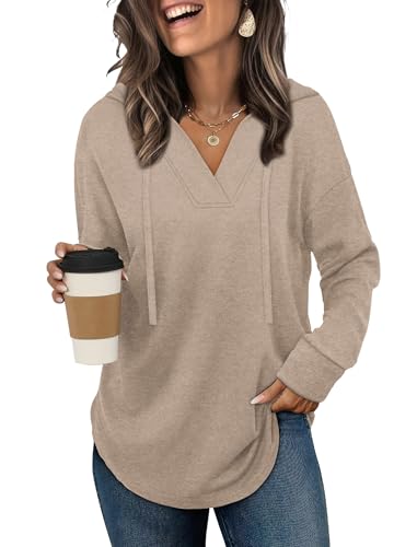 Sampeel Womens Tops Fall Fashion Trendy Sweaters V Neck Pullover Oversized Hoodies Apricot XL
