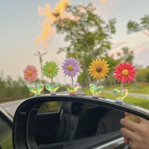 Image of Resin Car Dashboard Decor Flower (5Pcs) | Cute Mini Shaking Head Dancing Sunflowers Car Interior Decoration Accessories | Mirror Decorative Ornaments| (Multicolor)