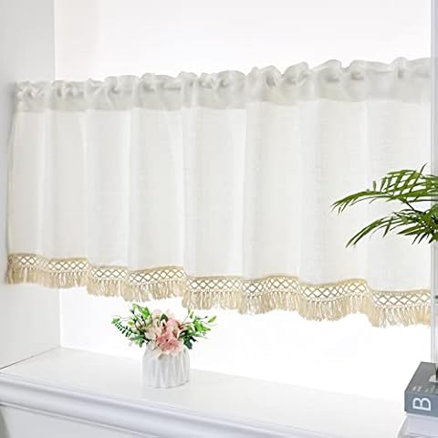 SFJ-CA White Curtain with Beige Tassels Sheer Valance for Window Curtain Valance Cotton Linen Rod Pocket Window Treatment Panel Decoration, 17.7" x 59 Cover