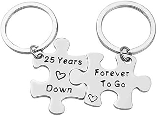 Valentine's Day Gifts 25th Years Anniversary Keyring Gifts Couples Puzzle Keychain Set 25th Years Down Forever to Go 25th Wedding Anniversary Key Ring for Husband Wife Wedding Birthday Gifts