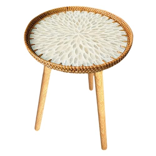 JISADER Mesa Auxiliar de ratán, Mesa Auxiliar, Soporte para Plantas, Adorno fácil de Usar, Redonda con Incrustaciones de Concha, mesita de, Hojas Blancas 40cm