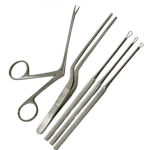 Set of 5 ENT Foreign Object Removal Ear Diagnostics Wax Removal Set with Hartmann Alligator Forceps + Bayonet Adson Forceps + 3 Billeau Ear Loop Currettes | German Stainless Steel