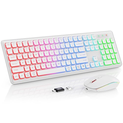 Wireless Keyboard and Mouse - RGB Backlit, Rechargeable & Light Up Letters, Full-Size, Ergonomic Tilt Angle, Sleep Mode, 2.4GHz Quiet Keyboard Mouse for Mac, Windows, Laptop, PC, Trueque(White)