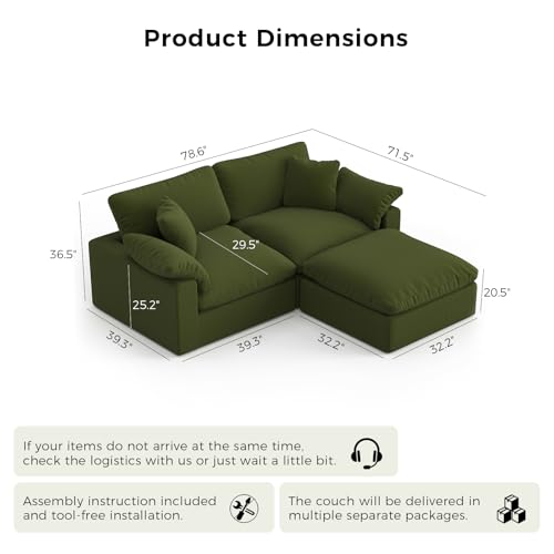Image of L-Shaped Modular Cloud Sectional Sofa,2-Seater with Chaise,Modern Down Filled Detachable Couch for Living Room,Office & Small Apartment,Green