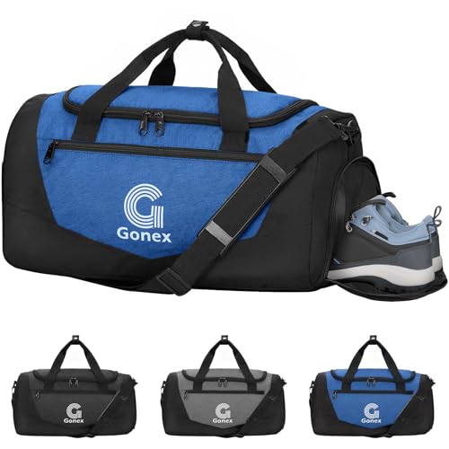 Image of Gonex Gym Duffel Bag 18 inch with Shoe Compartment Wet Pocket, Large Capacity Sports Duffle Bag for Men Women, Workout & Travel Bag with Multiple Pockets, Black /Blue, Small (30L)
