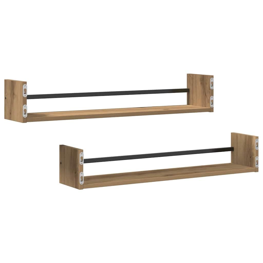 Wandregal Wandhalterung 2 Stück Artisan-Eiche 80 x 16 x 14 cm Holzwerkstoff mit Metallelementen für Wohnzimmer Büro Schlafzimmer, schwebendes Regal Wandmontage