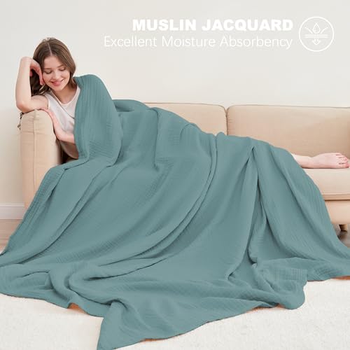 Image of Cosy Family 4 Layer Muslin Bed Blanket - Breathable and Lightweight Gauze Boho Blanket for Spring, Soft 100% Cotton Muslin Blanket, Green, 55x80 Inches