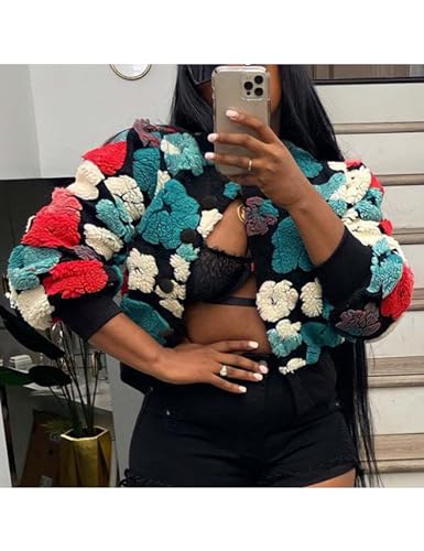 Aimiray Women's Cropped Floral Print Jacket Long Sleeve Fleece Warm Bomber Jacket Lightweight Button Varsity Coats2