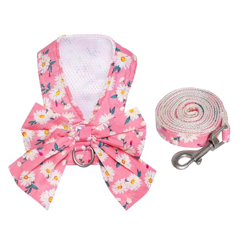 YKYUASD Dog Harness and Leash Set Adjustable Puppy Harness Mesh Vest Set Bow Knot Pet Clothes for Small Girl Dog Cat Summer (Pink, Medium)