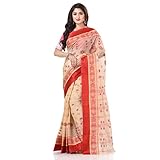 dB DESH BIDESH Women's Tant Cotton Saree Without Blouse Piece 5.6 Mtr Cream Red