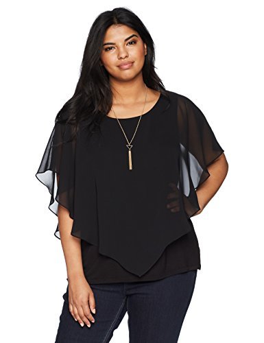 AGB Women's Plus-Size V Front Popover Top with Necklace Shirt, Black, 2X