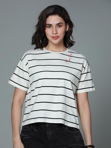 Image of HIGH STAR Women's Cotton Striped Oversized Fit T-Shirt