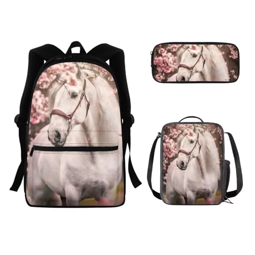 Set di zaini 3 in 1 per bambini con borsa per il pranzo per adolescenti ragazze studenti libri Cavallo bianco