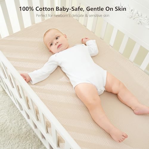 Image of Bearmoss Muslin Crib Sheets - 100% Cotton Baby Crib Sheets Fitted for Standard Crib Mattress & Toddler Bed Mattress 52 inchx28 inch Soft Breathable Crib Sheet Neutral for Boys Girls - 2 Pack (Goose White)