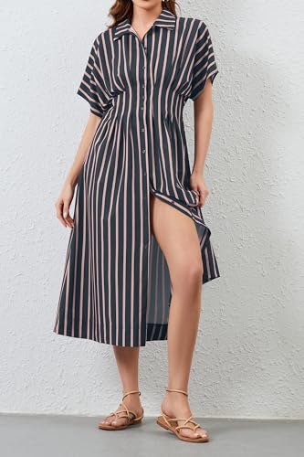 Image of MSBESYOR Women Button Front Pleated Shirt Maxi Dress Summer Striped Prints Short Sleeve Collar Casual Long Dresses Navy