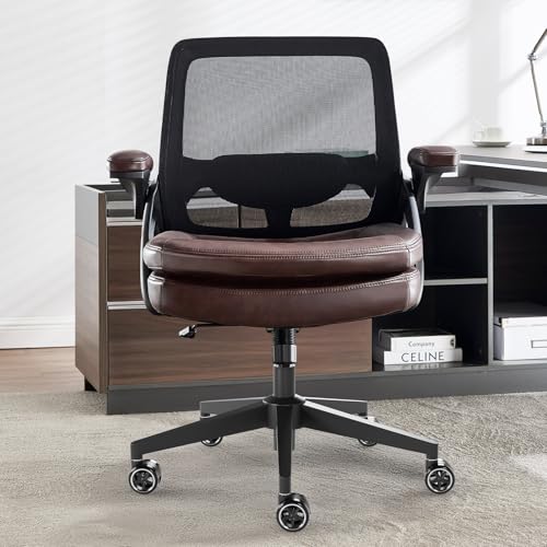 Image of Big and Tall Office Chair, 500lbs Mesh Heavy Duty Ergonomic Desk Chair with Flip-up Armrests, Plus Size Wide Seat in PU Leather, 360 Swivel Computer Executive Task Chair for Home Office (Brown)