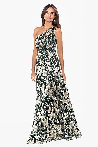 Image of Betsy & Adam Women's Long Sleeveless One Shoulder Metallic Print Gown, Green /Gold, 12