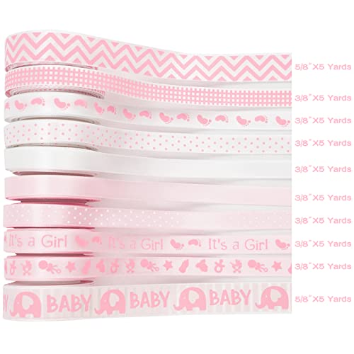 Huihuang Baby Pink Ribbon For Baby Shower Its Girl Pink Ribbon Assorted Foot Print Elephant Satin Ribbon For Gift Wrapping Crafts Diaper Cake Baby Shower Birthday Favor--5 Yards Each Total 50 Yards #TOP1
