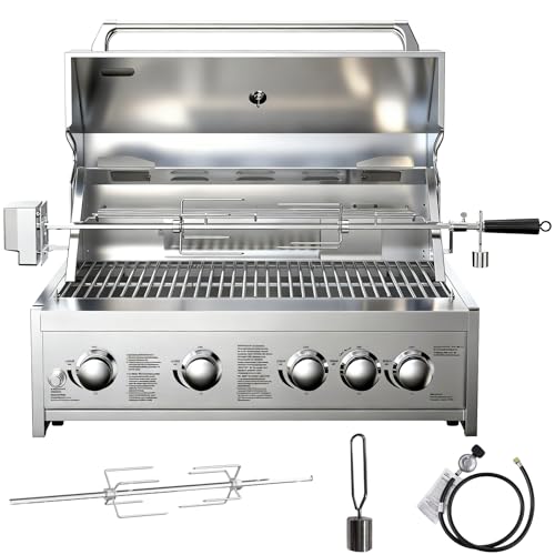 BODEGA 30 Inch Propane Gas Grill, 4x12000-BTU Gas Grill & 1x10000-Infrared Back Burner, Stainless Steel 5-Burner Propane Grill for Outdoor Kitchen, Rotisserie Chicken Fork Kit | Backyard BBQ, Camping.