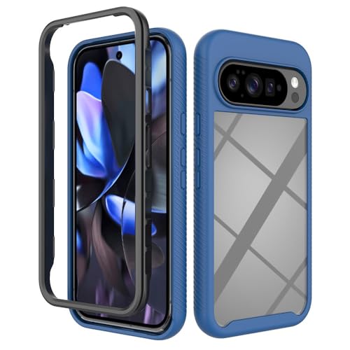 Coque Pixel 7 antichoc double couche silicone rigide et rabat bleu foncé