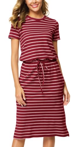 Image of Simier Fariry Womens Summer Hide Belly Knee Length Travel Dress Pocket Short Sleeve Midi Work Casual Outfits