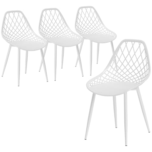 HOMCOM Juego de 4 sillas de comedor, sillas de cocina modernas con respaldo curvo y perforado y patas de metal, sillas de plástico para cocina, dormitorio y salón, color blanco