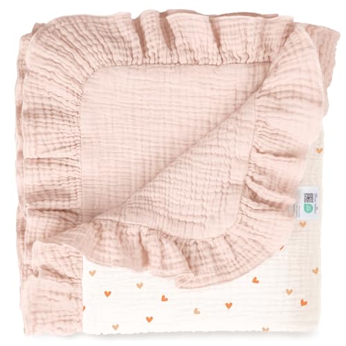 lulumoon Muslin Ruffle Baby Blanket - Soft Breathable 100% Cotton Newborn Wrap for Stroller Travel & Car Seat - Ideal for Photography & Nursery Decoration 40x36(Pink Heart)