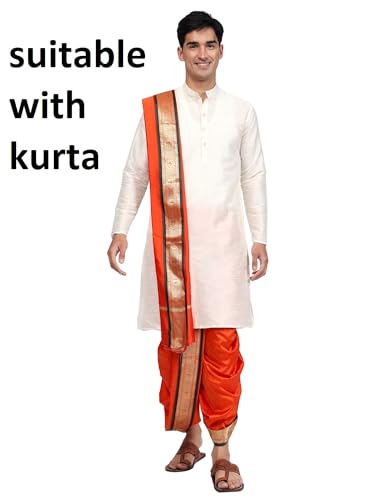 Image of Rameshwaram Fabrics Readymade Dhoti for Men, Velcro Style Stitched Mens Silk Dhoti Pant with Stole Set
