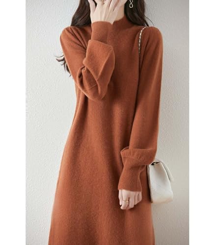 100% Merino Wool Sweater Dress Women's Mock Neck Lantern Sleeve Pullover Autumn Winter Knitted Long Dress3