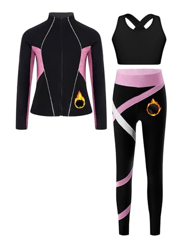 Kids Girls Figure Ice Skating Outfits Long Sleeve Fleece Jacket Crop Top and Skating Pants Set Tracksuit